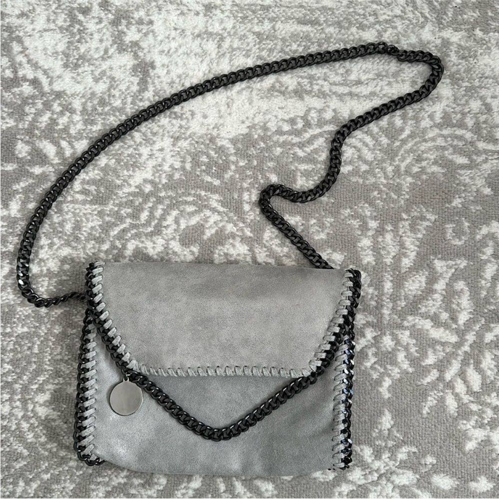 Gray Suede Crossbody Bag with Black Chain